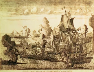Slaget ved Cape Gangut (Hanko) den 25. juli 1714, 1715 (ætsning med gravering)